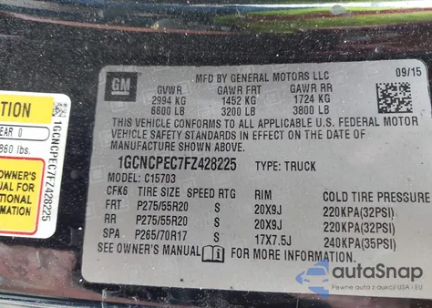 2015 Chevrolet Silverado 1500 Wt z USA, uszkodzony, nr VIN 1GCNCPEC7FZ428225